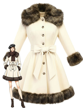 [Vorverkauf] Cremeweiß 1950er Pelzkragen Patchwork Mantel