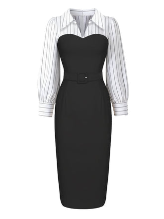 [Vorverkauf] Schwarz 1960er Nadelstreifen Revers Bodycon Kleid