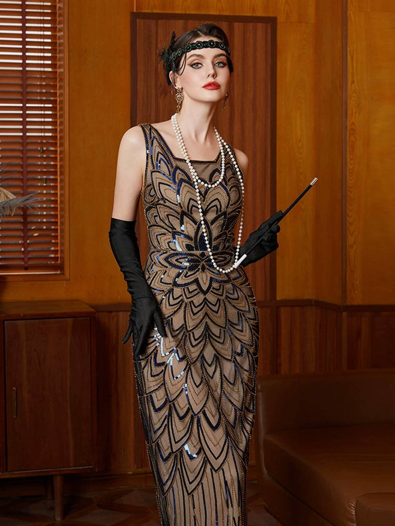 Schwarz 1920er Blumen Pailletten Unregelmäßiger Saum Kleid