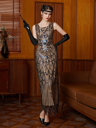 Schwarz 1920er Blumen Pailletten Unregelmäßiger Saum Kleid