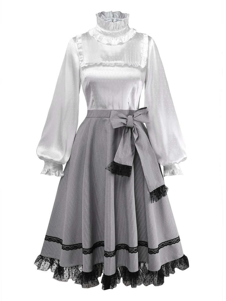 [Vorverkauf] Grau 1950er Satin Kariert Rüschen Steh Kragen Kleid