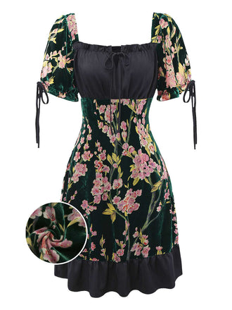 [Vorverkauf] 1960er Quadratischer Hals Rüschen Blumen Samt Kleid