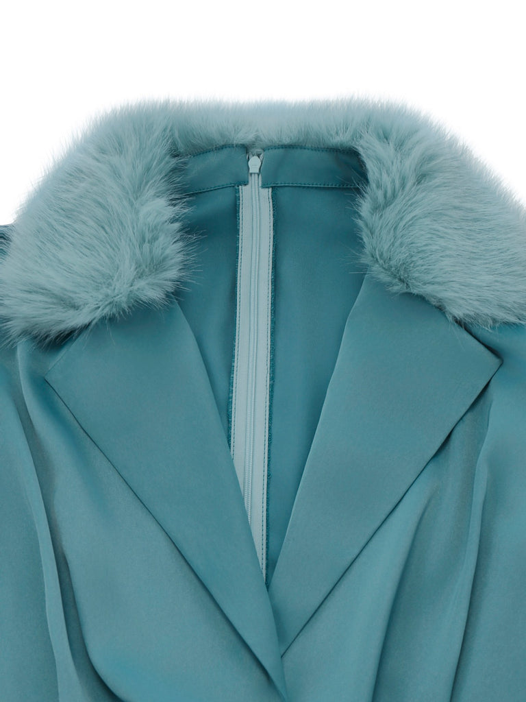 [Vorverkauf] Blau 1970er Pelzbesatz Revers Pailletten Gürtel Jumpsuit