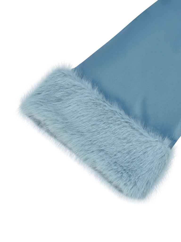 [Vorverkauf] Blau 1970er Pelzbesatz Revers Pailletten Gürtel Jumpsuit