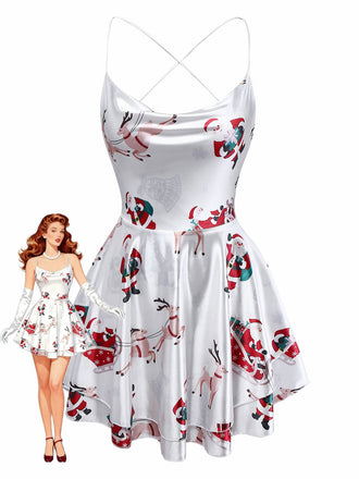 Weiß 1960er Weihnachten Stain Lagen Rückenfrei Träger Kleid