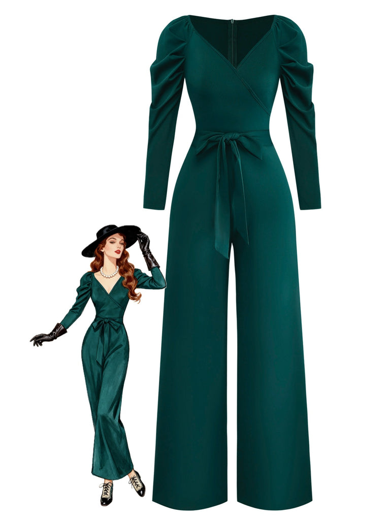 1930er Solide Gerüschtes V-Ausschnitt Gürtel Jumpsuit
