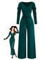1930er Solide Gerüschtes V-Ausschnitt Gürtel Jumpsuit