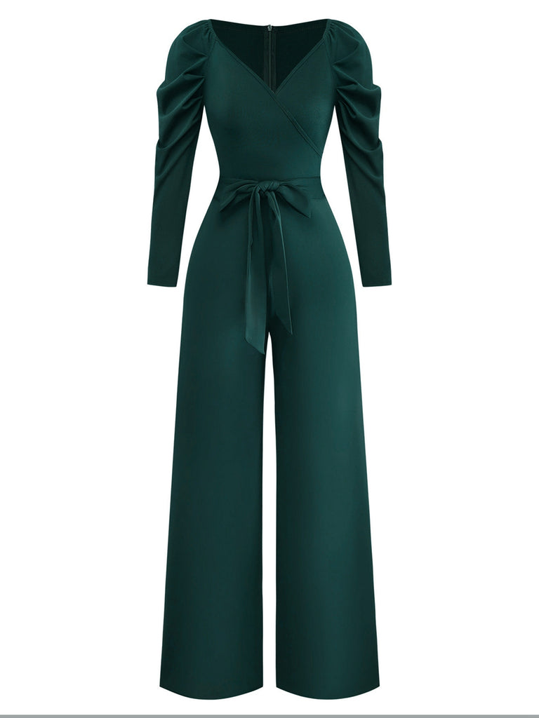 1930er Solide Gerüschtes V-Ausschnitt Gürtel Jumpsuit