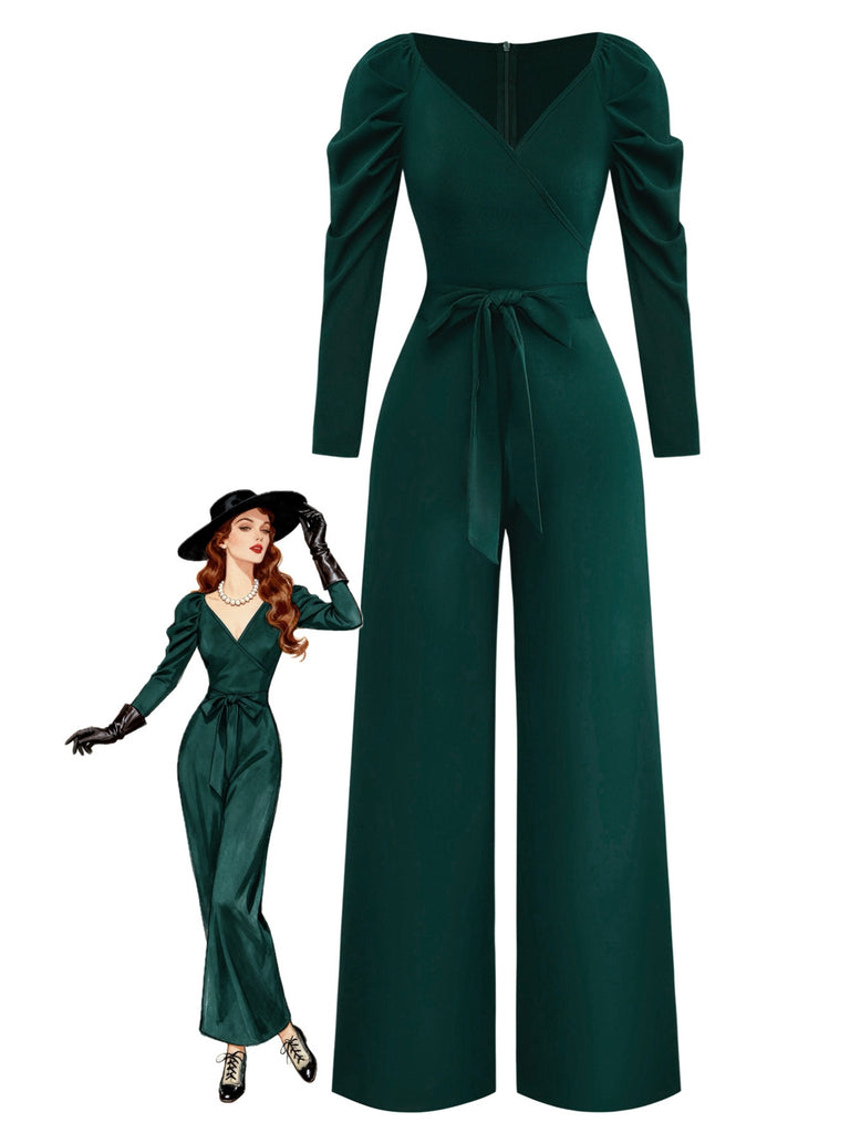 1930er Solide Gerüschtes V-Ausschnitt Gürtel Jumpsuit