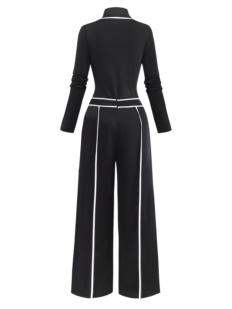 2PCS Schwarz 1930er Stehkragen Stricken Top & Weites Bein Hose