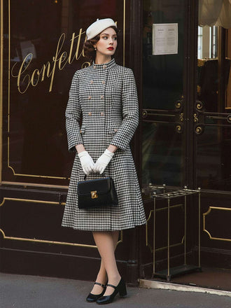 [Vorverkauf] Schwarz 1960er Hahnentritt Doppelreihig Stehkragen Mantel