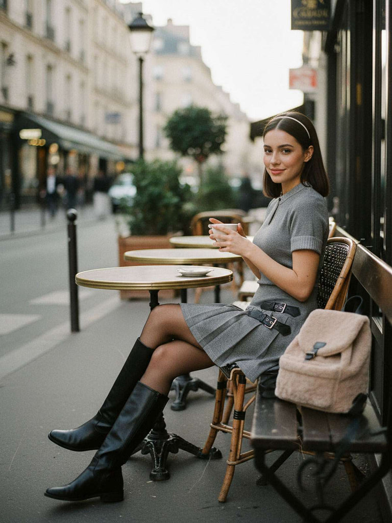 [Vorverkauf] Grau 1970er Stricken Leder Schnalle Plissiertes Kleid