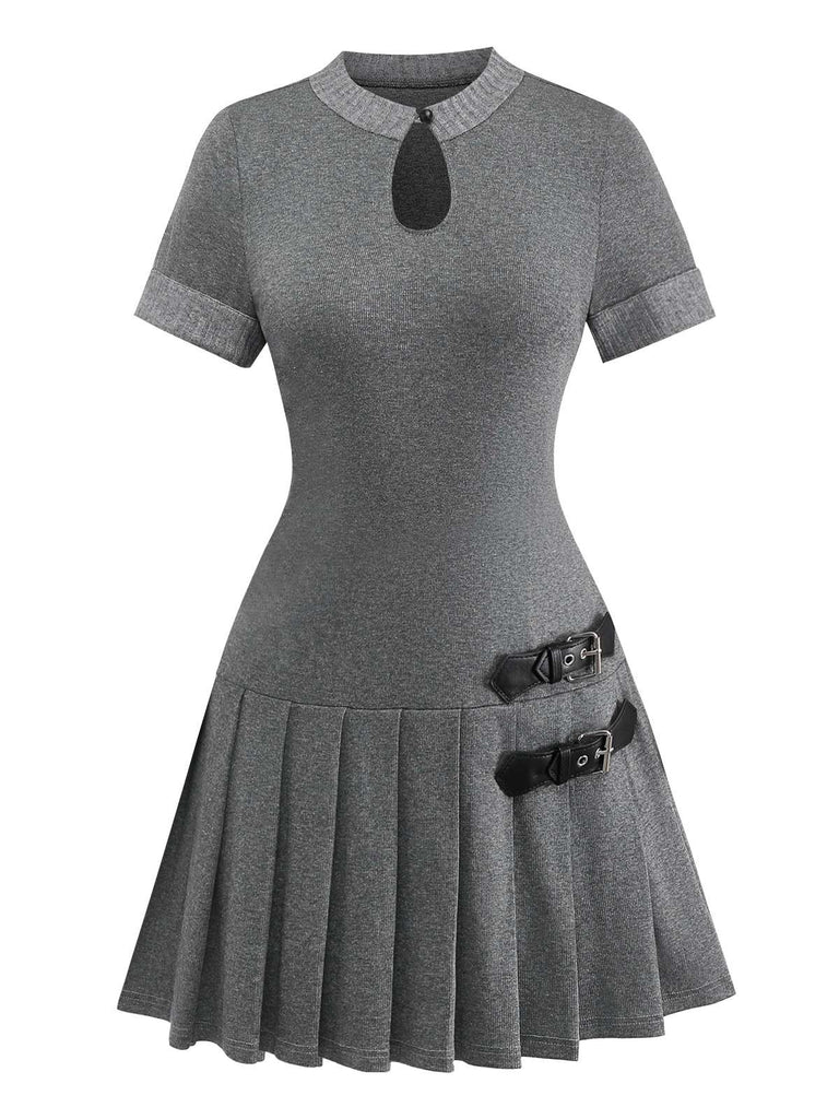 [Vorverkauf] Grau 1970er Stricken Leder Schnalle Plissiertes Kleid