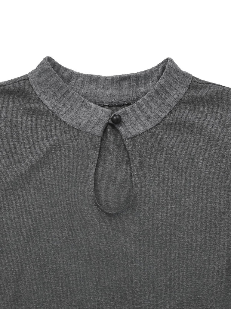 [Vorverkauf] Grau 1970er Stricken Leder Schnalle Plissiertes Kleid