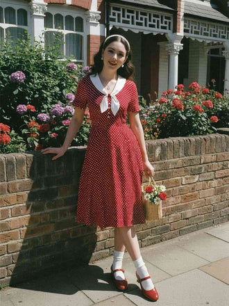 [Vorverkauf] Rot 1940er Häschen Ohr Knoten Polka Dot Puffärmel Kleid