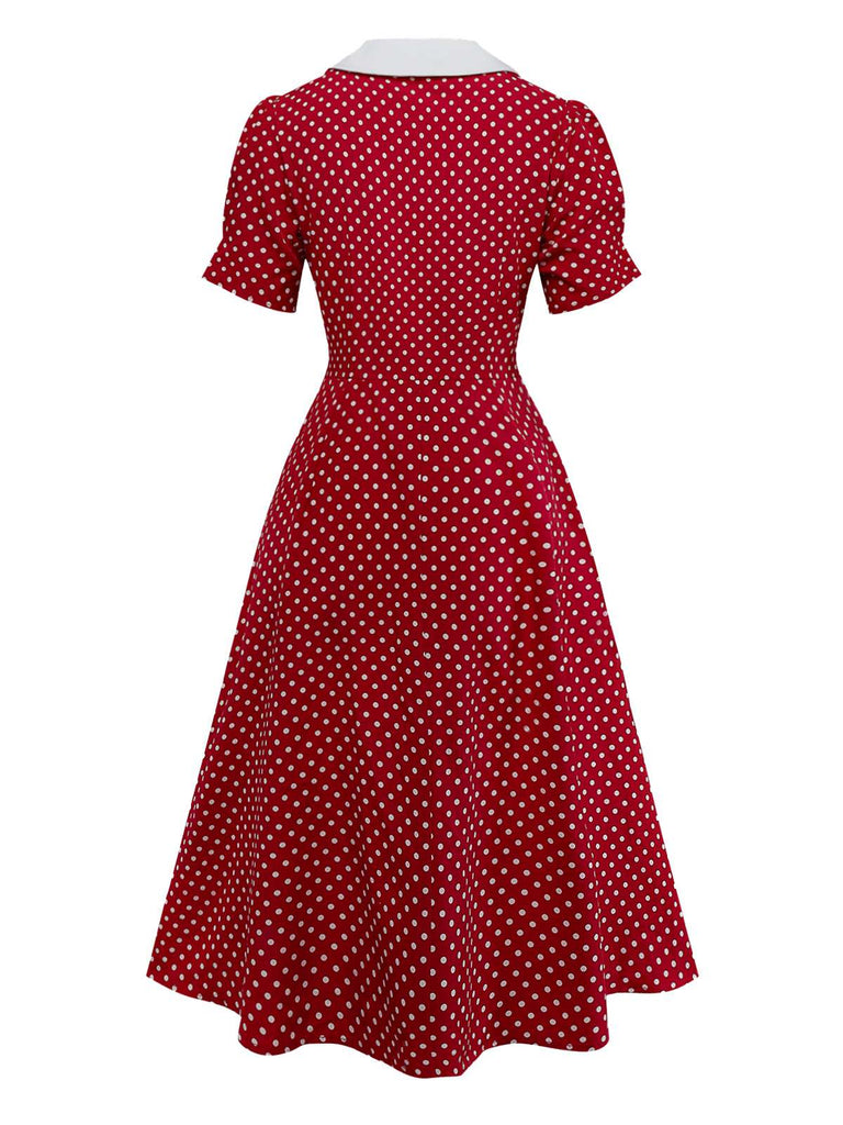 [Vorverkauf] Rot 1940er Häschen Ohr Knoten Polka Dot Puffärmel Kleid