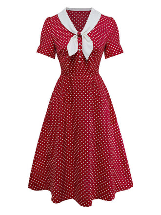 [Vorverkauf] Rot 1940er Häschen Ohr Knoten Polka Dot Puffärmel Kleid