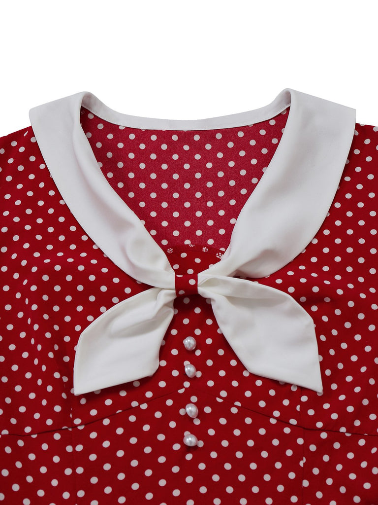 [Vorverkauf] Rot 1940er Häschen Ohr Knoten Polka Dot Puffärmel Kleid