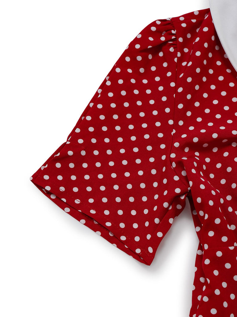 [Vorverkauf] Rot 1940er Häschen Ohr Knoten Polka Dot Puffärmel Kleid