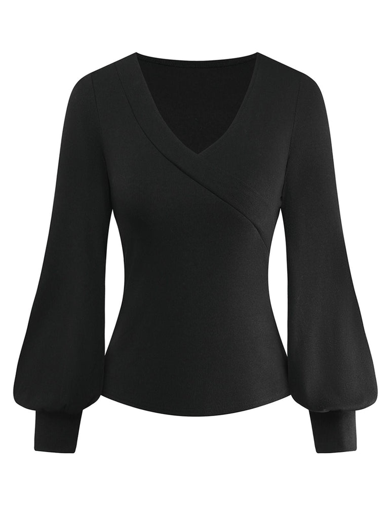 [Vorverkauf] Schwarz 1950S V-Ausschnitt Laternenärmel Stricken Top