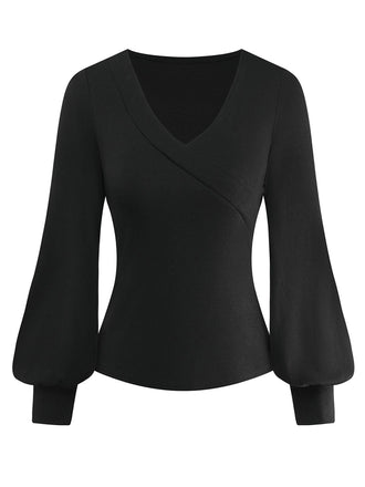 [Vorverkauf] Schwarz 1950S V-Ausschnitt Laternenärmel Stricken Top