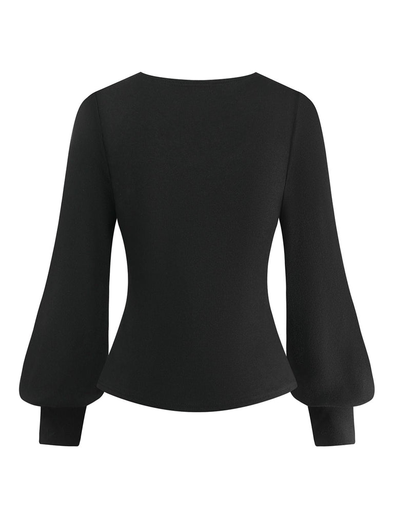 [Vorverkauf] Schwarz 1950S V-Ausschnitt Laternenärmel Stricken Top