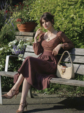 [Vorverkauf] Braun 1950er Vichy Schnürung Rückenfrei Gestuft Kleid