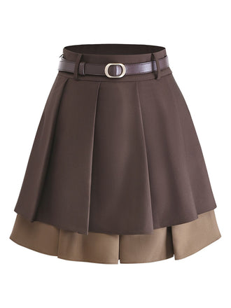 [Vorverkauf] Braun 1960er Studentisch Geschichtet Plissiertes Mini Rock