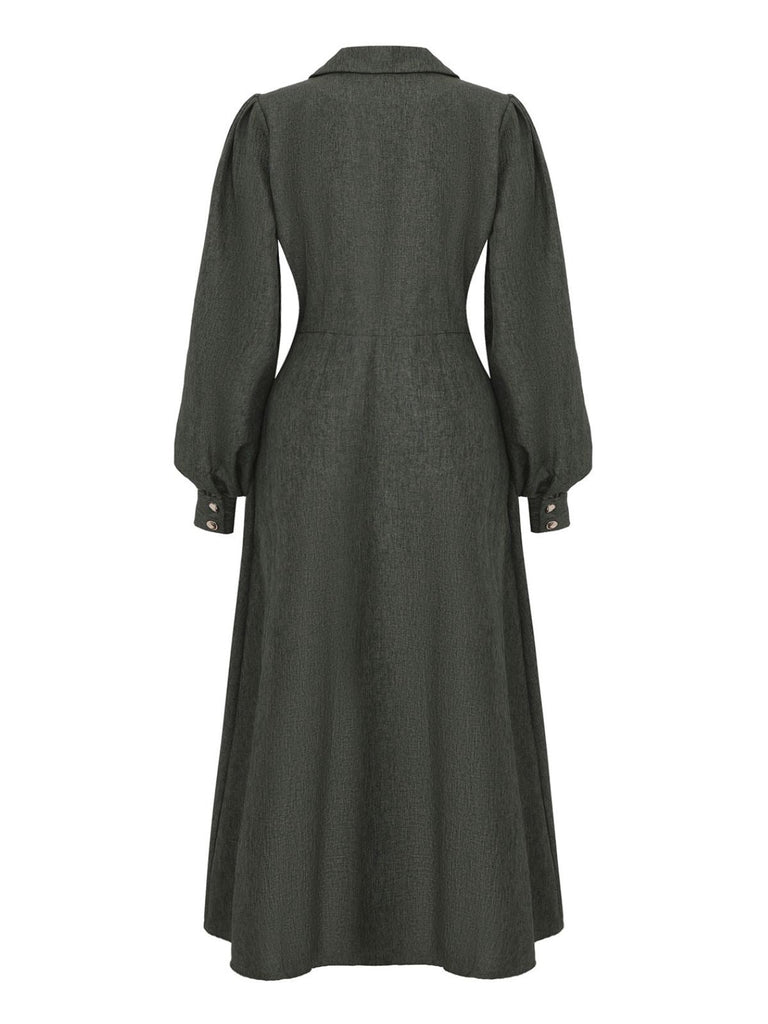 1940er Gekerbt Kragen Laternenärmel Taste Kleid