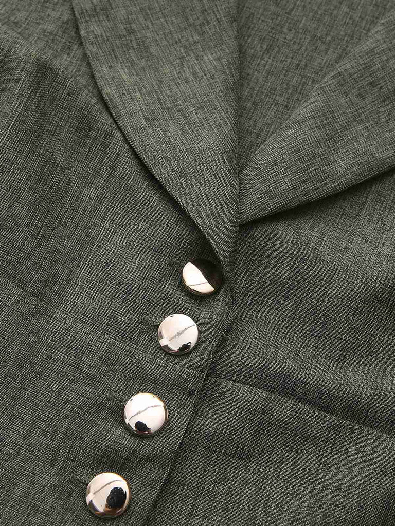 1940er Gekerbt Kragen Laternenärmel Taste Kleid