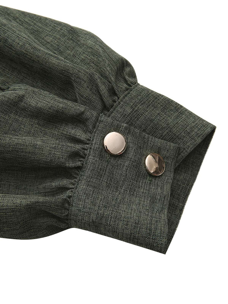 1940er Gekerbt Kragen Laternenärmel Taste Kleid