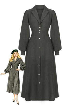 1940er Gekerbt Kragen Laternenärmel Taste Kleid