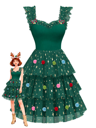 [Vorverkauf] Grün 1970er Weihnachtsbaum Stern Netz Gestaffelt Kleid