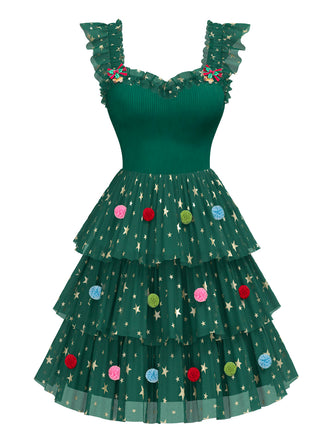 [Vorverkauf] Grün 1970er Weihnachtsbaum Stern Netz Gestaffelt Kleid