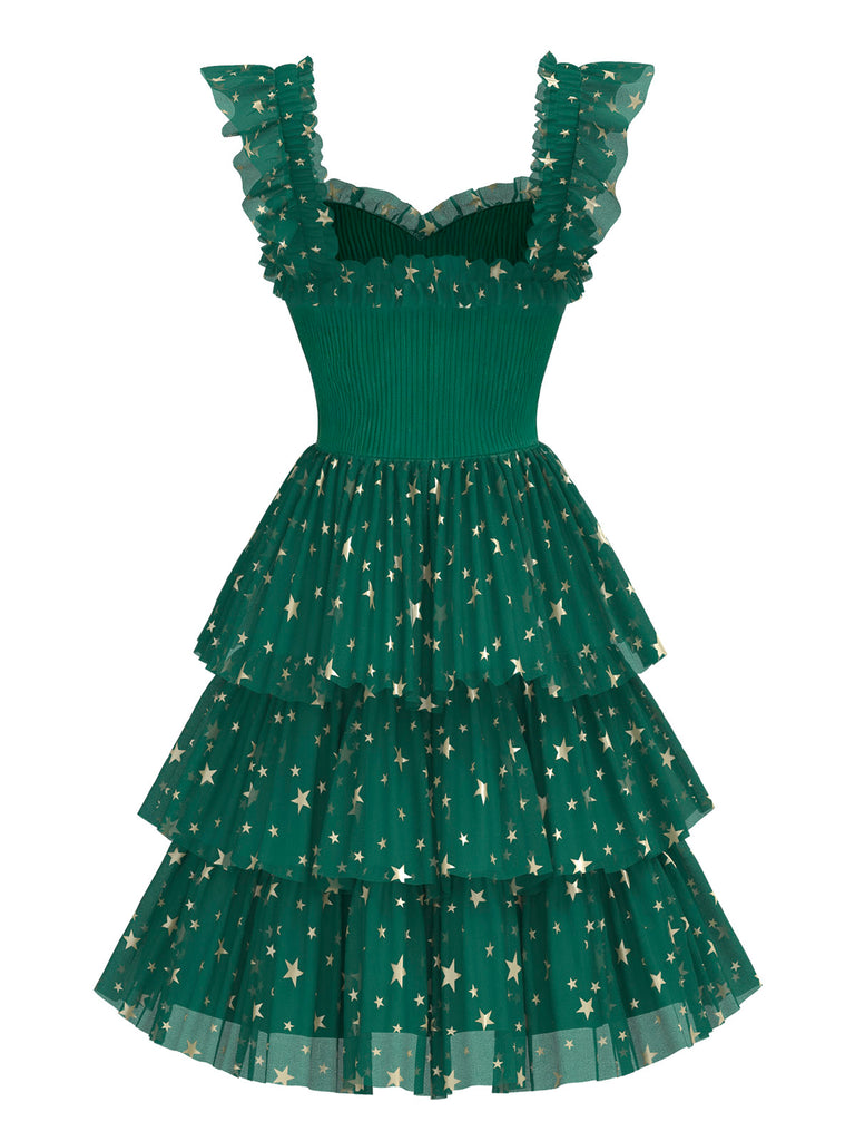 [Vorverkauf] Grün 1970er Weihnachtsbaum Stern Netz Gestaffelt Kleid