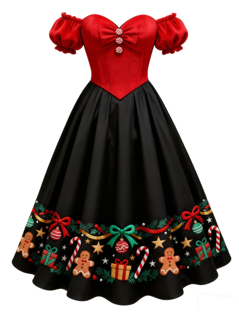 [Vorverkauf] Rot & Schwarz 1950er Weihnachten Schulterfrei Kleid