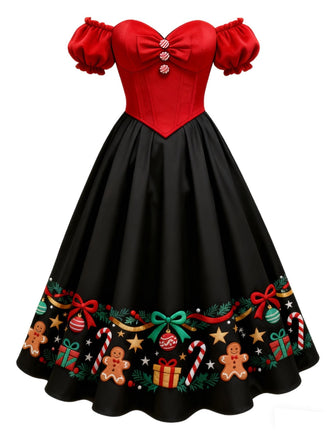 [Vorverkauf] Rot & Schwarz 1950er Weihnachten Schulterfrei Kleid