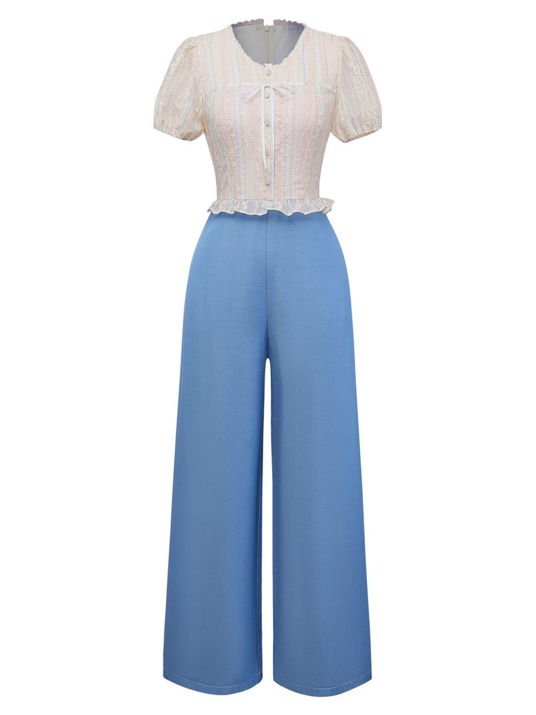 [Vorverkauf] Blau 1970er Blumen Besticktes Fliege Jumpsuit