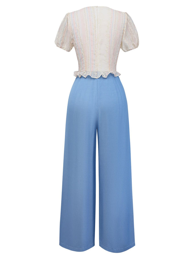 [Vorverkauf] Blau 1970er Blumen Besticktes Fliege Jumpsuit