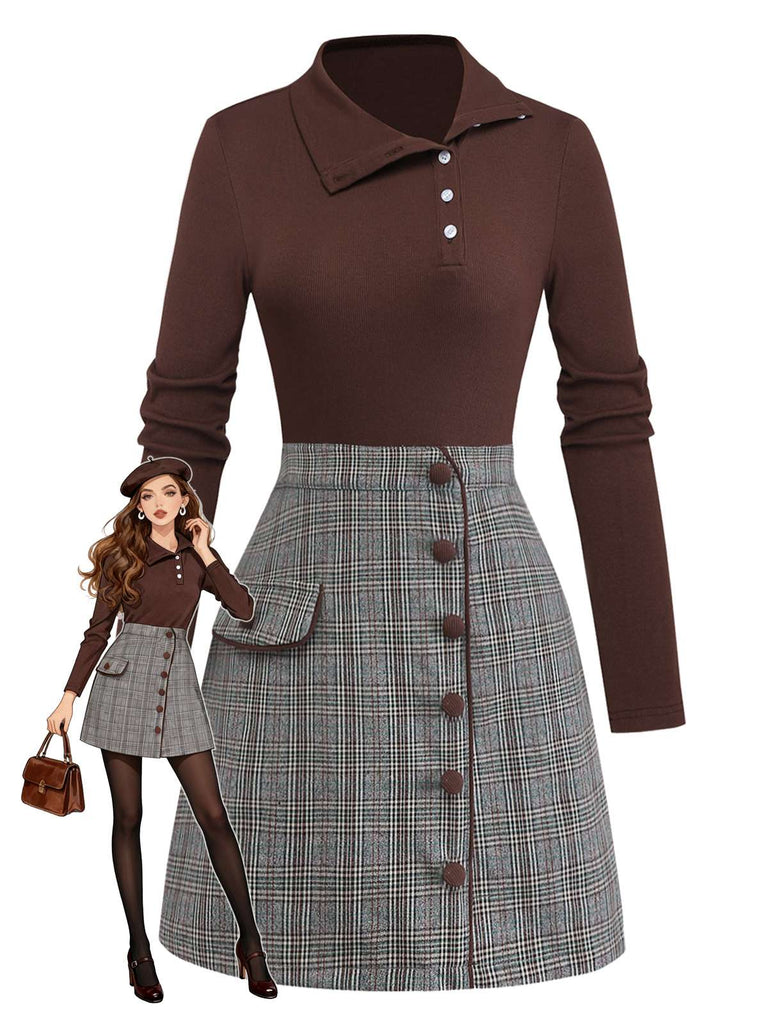 [Vorverkauf] Braun 1970er Stricken Kariert Asymmetrisch Hals Kleid