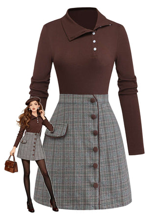 [Vorverkauf] Braun 1970er Stricken Kariert Asymmetrisch Hals Kleid