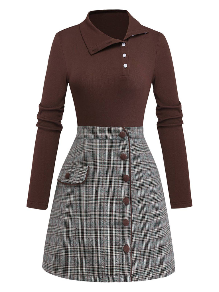 [Vorverkauf] Braun 1970er Stricken Kariert Asymmetrisch Hals Kleid