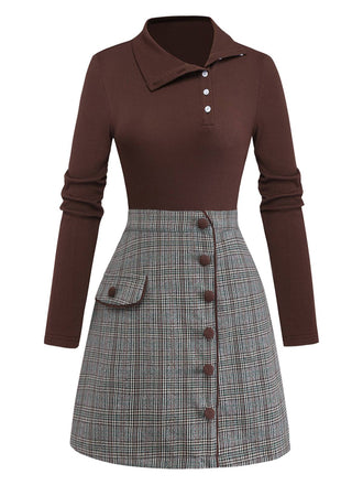 [Vorverkauf] Braun 1970er Stricken Kariert Asymmetrisch Hals Kleid