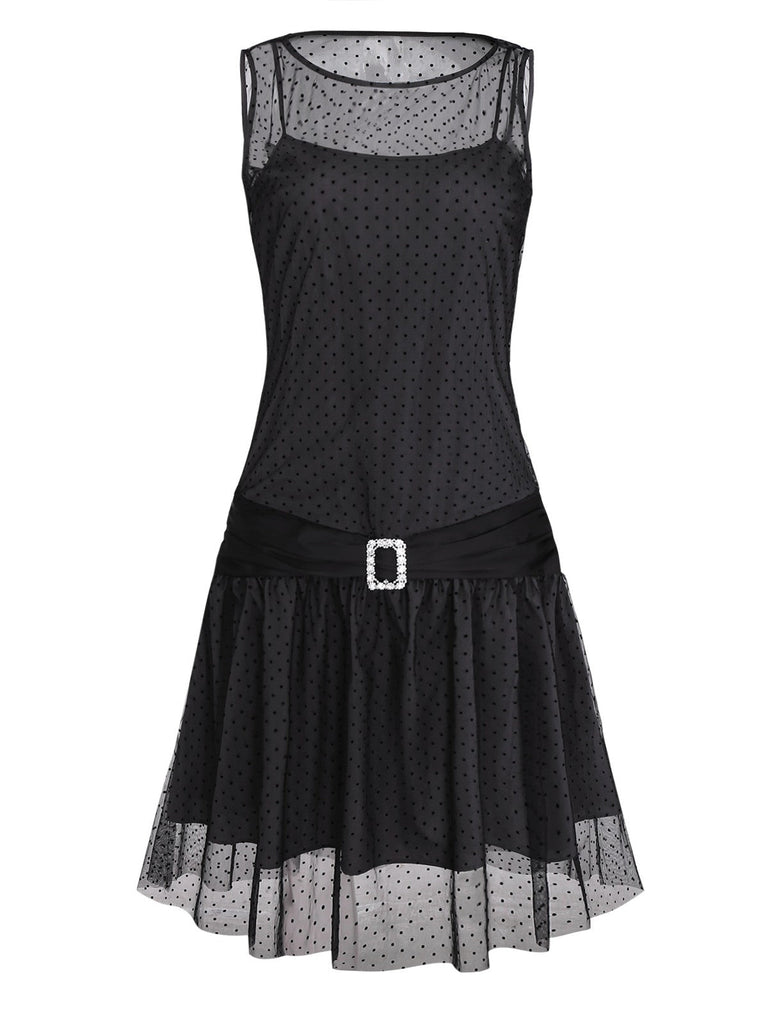 [Vorverkauf] Schwarz 1920er Polka Dot Netz Gerade Kleid