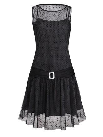 [Vorverkauf] Schwarz 1920er Polka Dot Netz Gerade Kleid