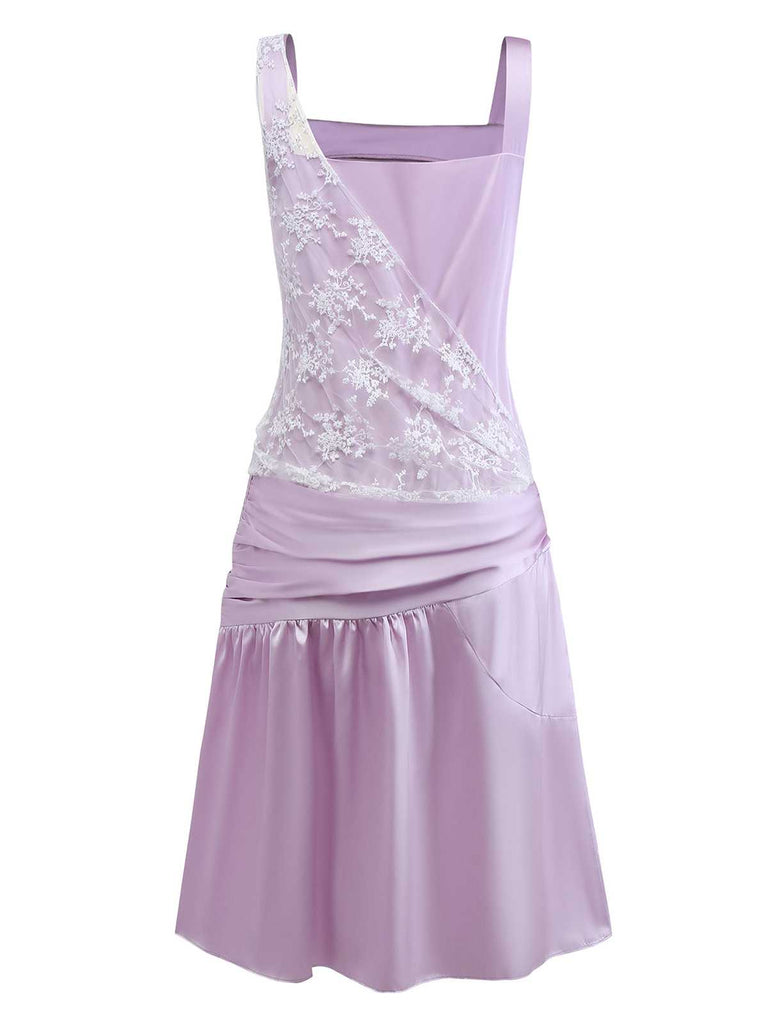 [Vorverkauf] Lila 1920er Blumen Besticktes Netz Satin Kleid