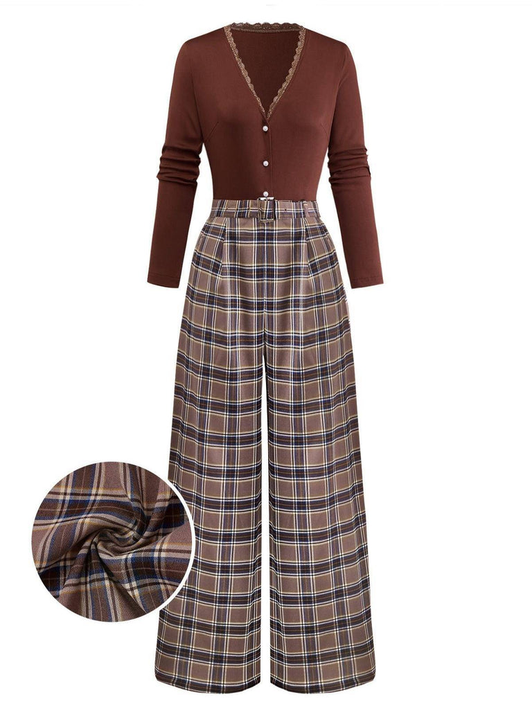 [Vorverkauf] Karamell 1930er Kariert Patchwork Stricken Jumpsuit