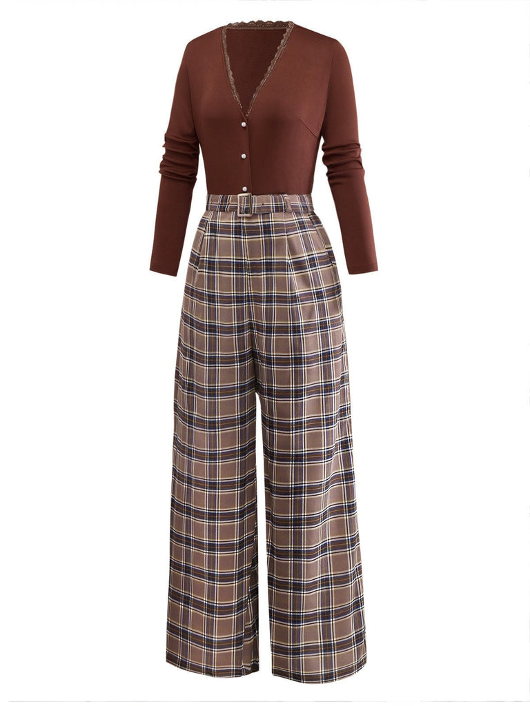 [Vorverkauf] Karamell 1930er Kariert Patchwork Stricken Jumpsuit