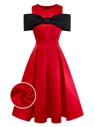 [Vorverkauf] Rot 1950er Satin Bogen Ärmel Swing Kleid