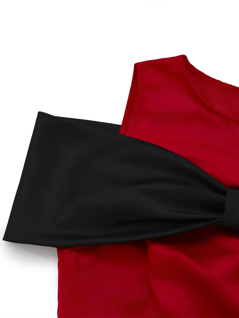 [Vorverkauf] Rot 1950er Satin Bogen Ärmel Swing Kleid